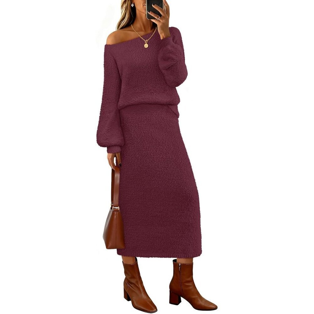 Women's Fuzzy 2 Piece Outfit Winter Long Sleeve Off Shoulder Skirt Set